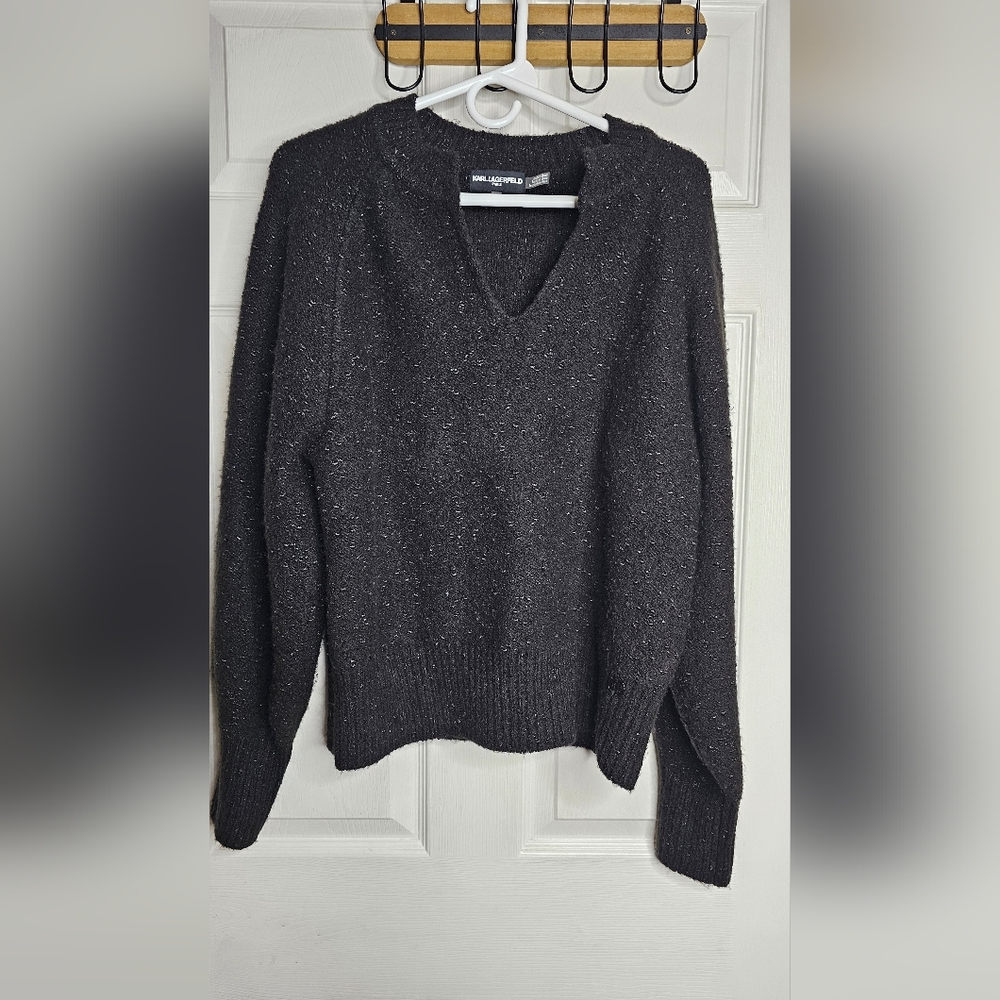 Karl Lagerfeld Paris Women's Black Metallic Split-Neck Sweater Size M